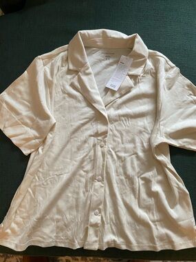 Eileen Fisher Cream Short-Sleeve Button Top